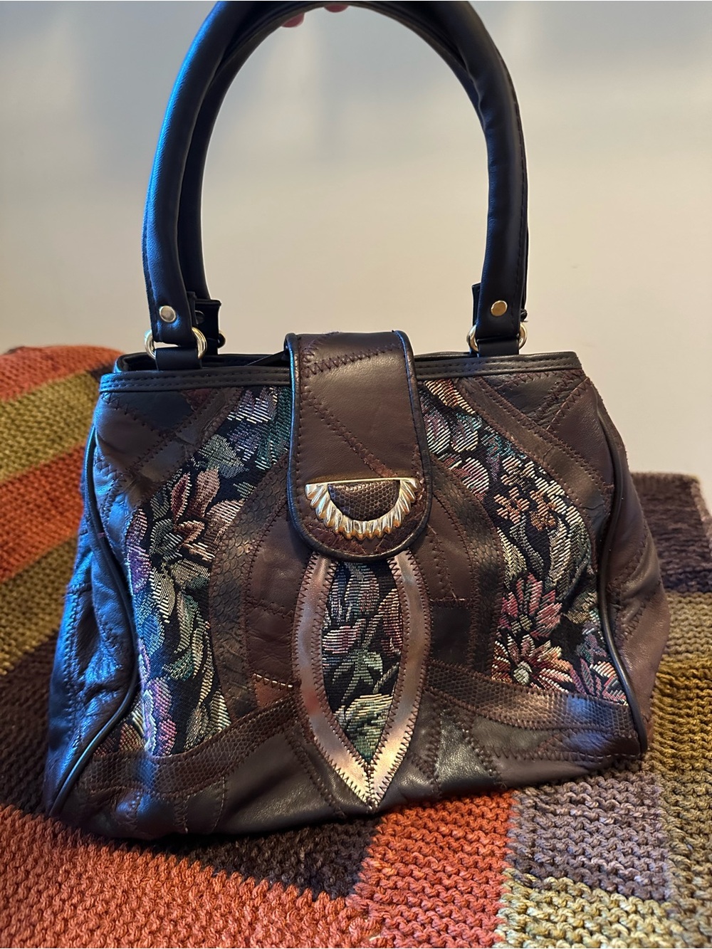 VTG Floral Tapestry Satchel Handbag Patchwork Leather Western Boho *Read*